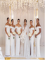 White Satin Off Shoulder Side Slit Bridesmaid Dresses With Lace Up Back,SFWG00405