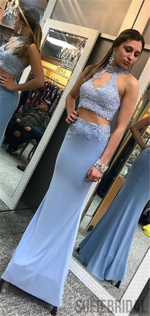 Halter Mermaid Two Pieces Lace Up Back Prom Dresses, PD0053
