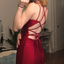 Burgundy Spaghetti Straps V-Neck Lace Back Mermaid Long Prom Evening Dress,SFPD0220