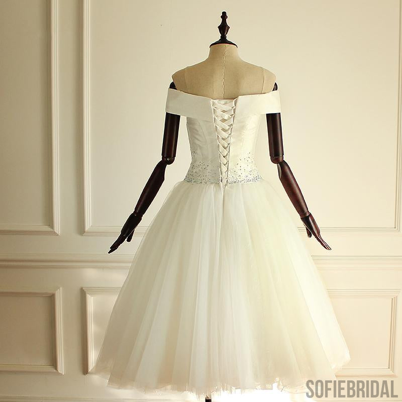 Off Shoulder Satin Tulle Short Wedding Dresses, Elegant Beaded Ivory Wedding Dresses, WD0236