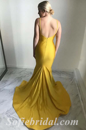 Sexy Satin Spaghetti Straps V-Neck Sleeveless Backless Mermaid Long Prom Dresses,SFPD0554