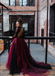 Two Pieces Black Lace Top And Tulle Burgundy Bottom Long Sleeves Open Back Prom Dresses,SFPD0191