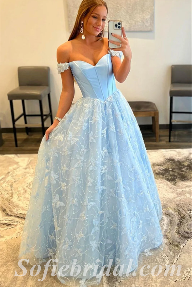 Elegant Satin Tulle And Satin Off Shoulder V-Neck Sleeveless Lace Up A-Line Long Prom Dresses With Applique,SFPD0545