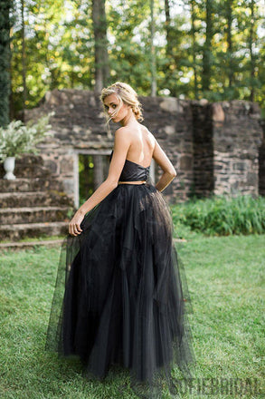 2 Pieces Black Satin Top Tulle Prom Dresses, Unique Black Prom Dresses, PD0888