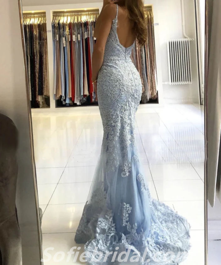 Elegant Blue Lace Spaghetti Straps Sleeveless Mermaid Long Prom Dresses,SFPD0320