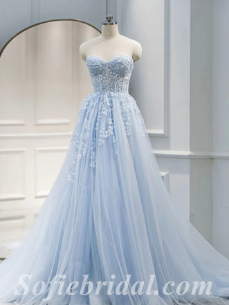 Elegant Blue Tulle Sweetheart V-Neck Sleeveless A-Line Long Prom Dresses/Ball Gown With Applique,SFPD0520
