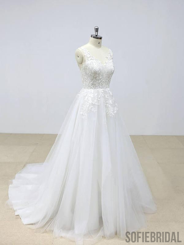 Elegant Backless Lace V Neck Tulle A-line Cheap Wedding Dresses Online, WD390