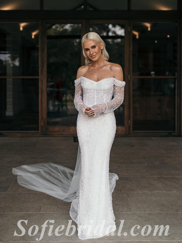 Shiny Elegant Off Shoulder Long Sleeve Mermaid Long Wedding Dresses,SFWD0071 Shiny Elegant Off Shoulder Long Sleeve Mermaid Long Wedding Dresses,SFWD0071