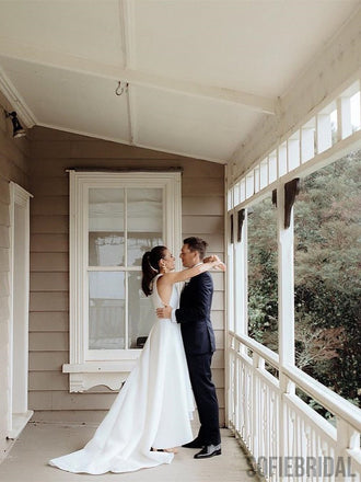 Simple Cheap Round Neck Pocket Wedding Dresses With Train, WD0469