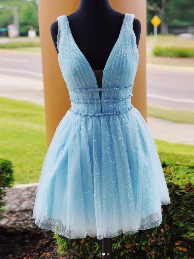 A-line Deep V-neck Beading Backless Tulle Short Homecoming Dress, HD0154