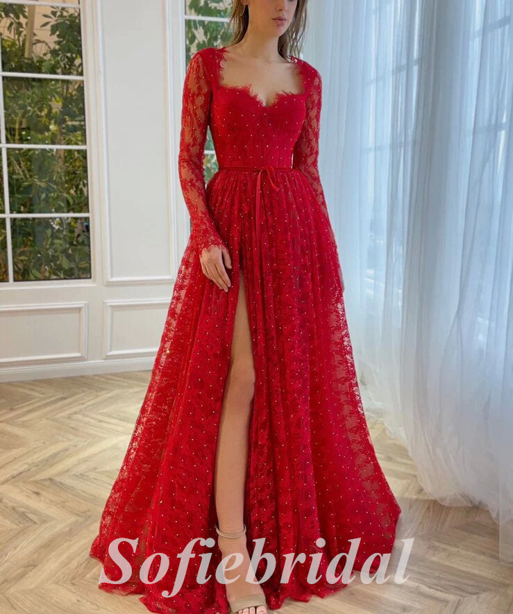 Red v neck tulle long prom dress, red tulle evening dress