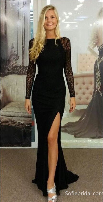 Scoop Neck Satin Floor Length Black Long Sleeve Open Back Prom Dress –  Promnova