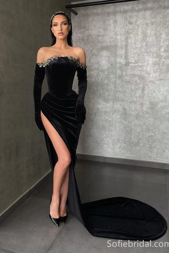 Black High-split Velvet Off-the-shoulder Mermaid Prom Dress With Emblishment,SFPD0202