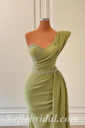 Elegant Crepe One Shoulder Sleeveless Side Slit Mermaid Long Prom Dresses With Beading,SFPD0429