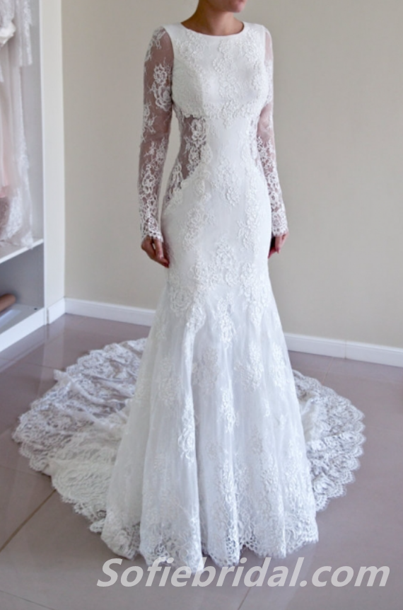Gorgeous Tulle And Lace Jewel Long Sleeves Open Back Mermaid Long Wedding Dresses,SFWD0063