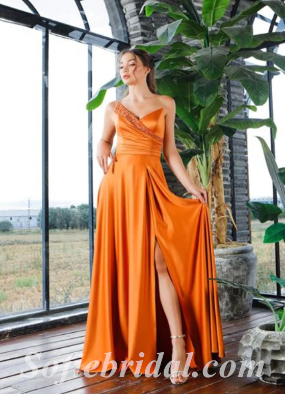 Sexy Orange Satin Sweetheart V-Neck A-Line Long Prom Dresses With Side Slit,SFPD0436