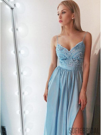Spaghetti Light Blue Prom Dresses, Side Slit Prom Dresses, Chiffon Lace Prom Dresses, PD0716