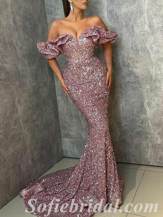 Sexy Gorgeous Sequin Off Shoulder V-Neck Sleeveless Mermaid Long Prom Dresses,SFPD0412