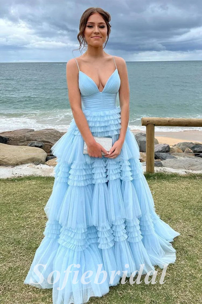 Sexy Tulle Spaghetti Straps V-Neck A-Line Long Prom Dresses, PD0848