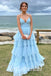 Sexy Tulle Spaghetti Straps V-Neck A-Line Long Prom Dresses, PD0848