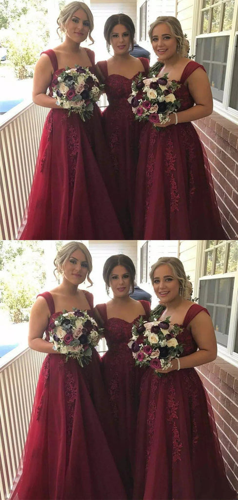 Maroon Strap Long A-line Lace Tulle Bridesmaid Dresses, PD0249