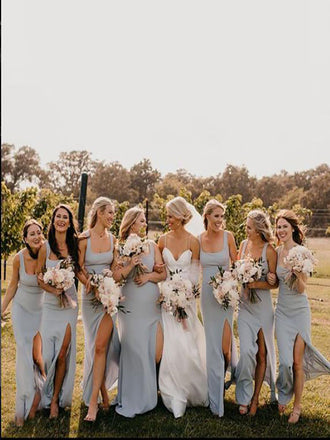 Blue Satin Spaghetti Straps Scoop Side Slit Long Bridesmaid Dresses,SFWG00407