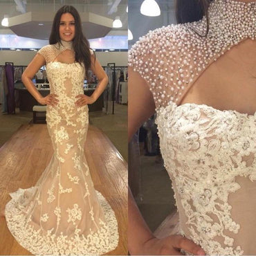 High Neck Pearl Beaded Ivory Lace Mermaid Prom Dresses, Elegant Prom Dresses ,PD0335