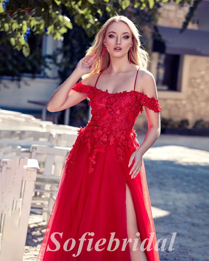 Sexy Red Tulle Cold Shoulder Sleeveless Criss Cross Side Slit A-Line Long Prom Dresses,SFPD0681