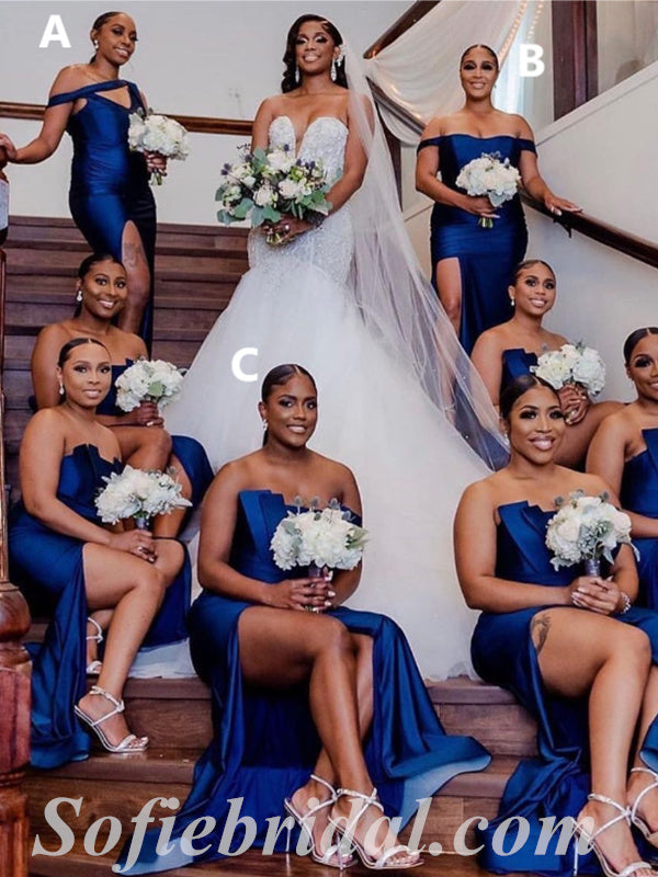 Mismatched Royal Blue Sexy Soft Satin Sleeveless Side Slit Mermaid Floor Length Bridesmaid Dressses,SFWG00469 Mismatched Royal Blue Sexy Soft Satin Sleeveless Side Slit Mermaid Floor Length Bridesmaid Dressses,SFWG00469