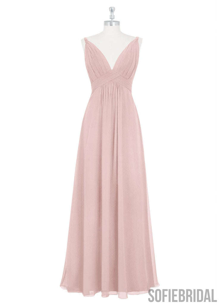 V-neck Blush Pink Long A-line Chiffon Bridesmaid Dresses, PD0927