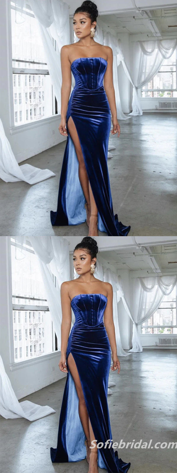 Simple Royal Blue Velvet Strapless Long Prom Dresses With Split