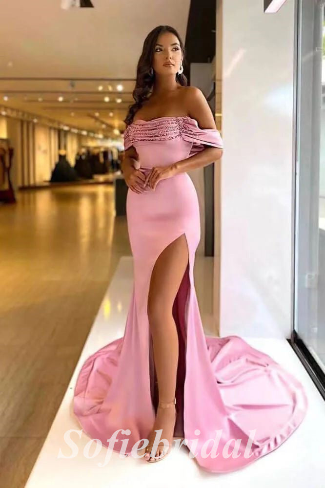 Sexy Sequin Off Shoulder Sleeveless Side Slit Mermaid Long Prom Dresses, PD0857