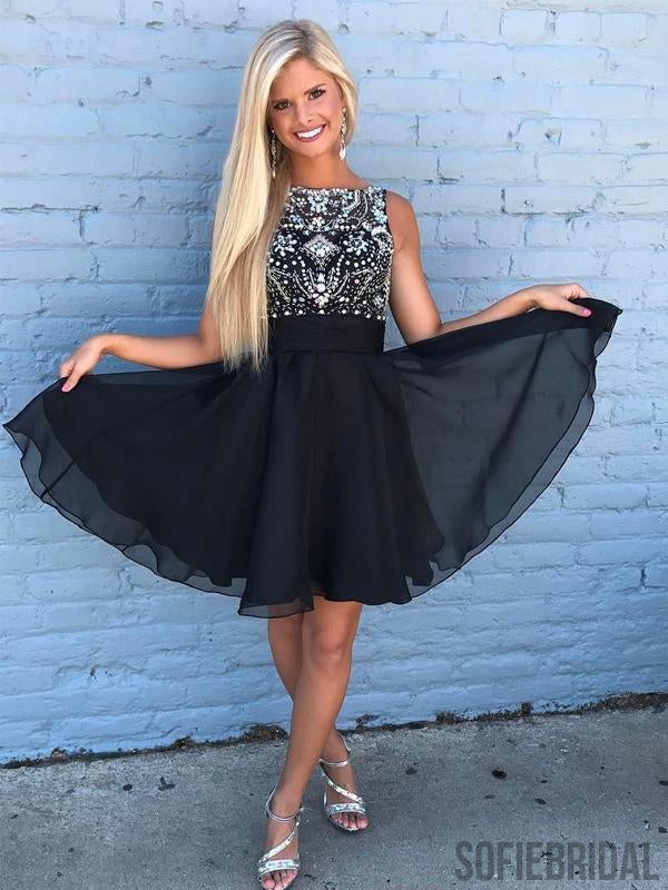 Cute Rhinestone Beaded Chiffon Short Black Homecoming Dresses 2018, CM SofieBridal Cute Rhinestone Beaded Chiffon Short Black Homecoming Dresses 2018, CM SofieBridal