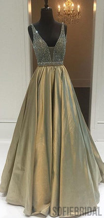 V-neck Beaded Long A-line Prom Dresses, Newest Prom Dresses, PD0816