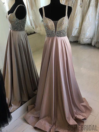 Straps Long A-line Stain Beaded Prom Dresses, PD0821