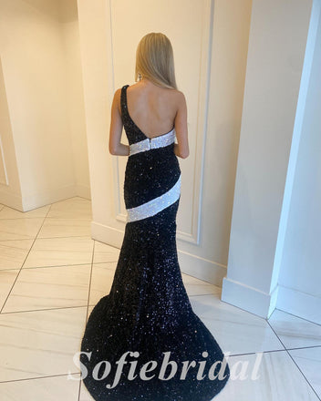 Sexy Black And White Sequin One Shoulder Sleeveless Mermaid Long Prom Dresses,SFPD0698