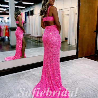 Sexy Sequin Spaghetti Straps V-Neck Sleeveless Side Slit Mermaid Long Prom Dresses,PD0744
