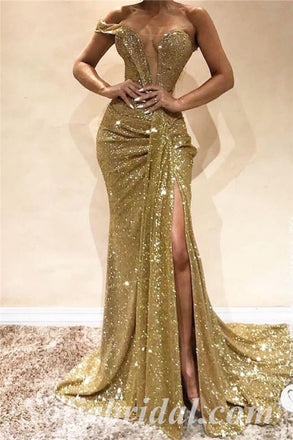 Sexy Charming Sequin V-Neck Off Shoulder Sleeveless Side Slit Mermaid Long Prom Dresses,SFPD0538