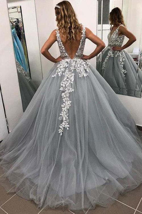 Gray V Neck Appliques Ball Gown with Beading Long Prom Dresses, PD0068