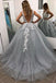 Gray V Neck Appliques Ball Gown with Beading Long Prom Dresses, PD0068
