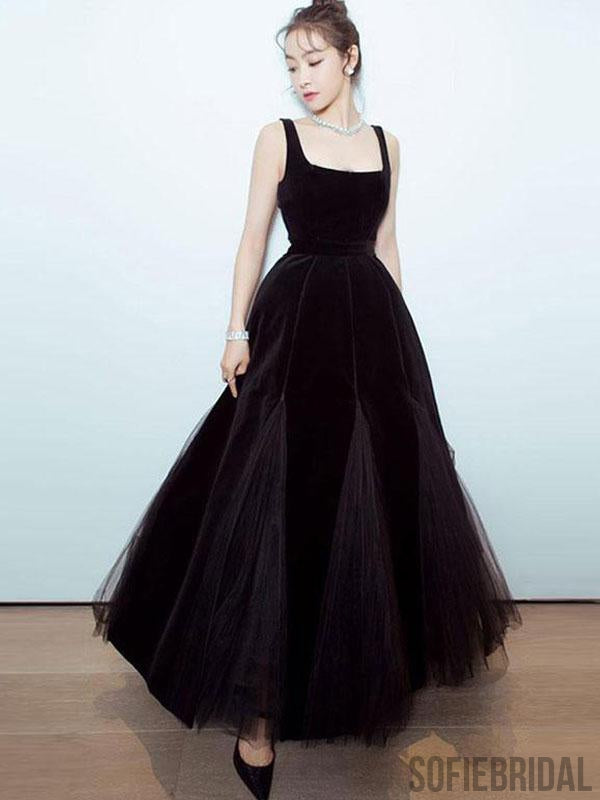 Square Neckline Long Ankle Length Velvet Tulle Prom Dresses, Evening D SofieBridal Square Neckline Long Ankle Length Velvet Tulle Prom Dresses, Evening D SofieBridal