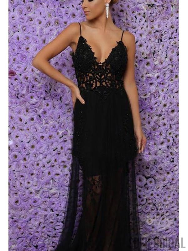 Spaghetti Long A-line Black Lace Tulle Prom Dresses, PD0901