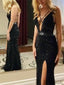 Black Beaded Prom Dresses, Side Slit Prom Dresses, Long Prom Dresses, Cheap Prom Dresses, PD0689