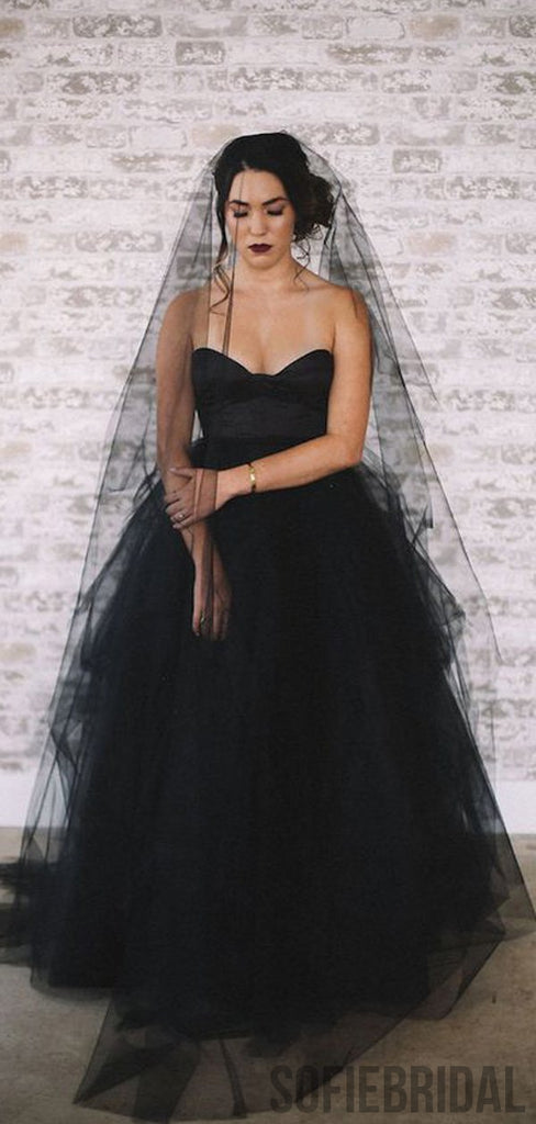 Special Sweetheart Black Tulle Satin Long Wedding Dresses, WD0301