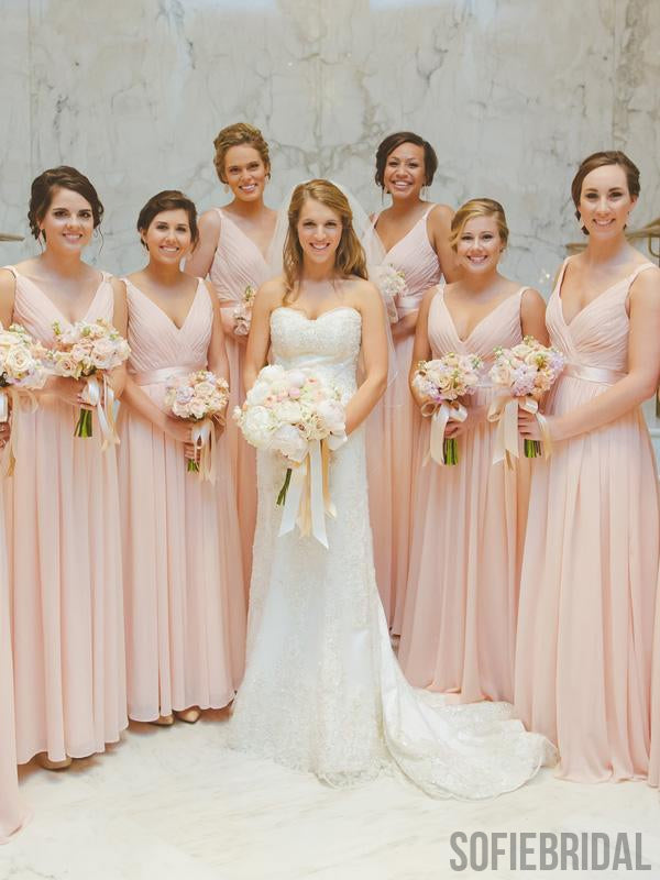 V-neck Blush Pink Long A-line Chiffon Bridesmaid Dresses, PD0927
