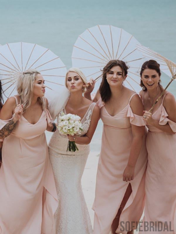 Blush Pink Long A-line Side Slit Beaching Wedding Bridesmaid Dresses, PD0899