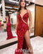 Sexy Spaghetti Straps V-Neck Sleeveless Side Slit Mermaid Long Prom Dresses,PD0745