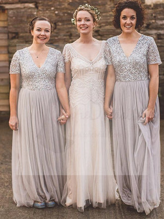 Short Sleeve Sequin Top Tulle Bridesmaid Dresses, Grey Bridesmaid Dresses, Bridesmaid Dresses, WG01