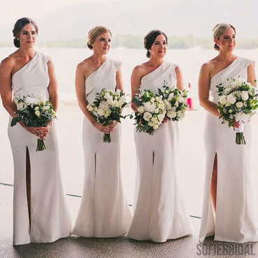 One Shoulder White Bridesmaid Dresses, Side Slit Bridesmaid Dresses, Long Bridesmaid Dresses, PD0706
