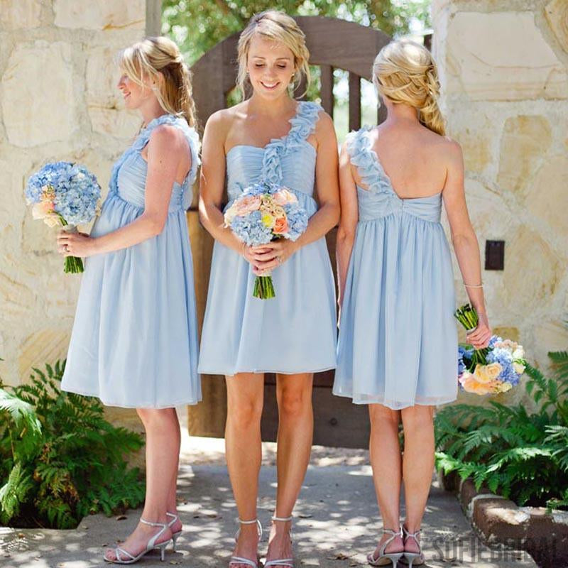 One Shoulder Light Blue Bridesmaid Dresses, Short Bridesmaid Dresses, Bridesmaid Dresses, PD0497
